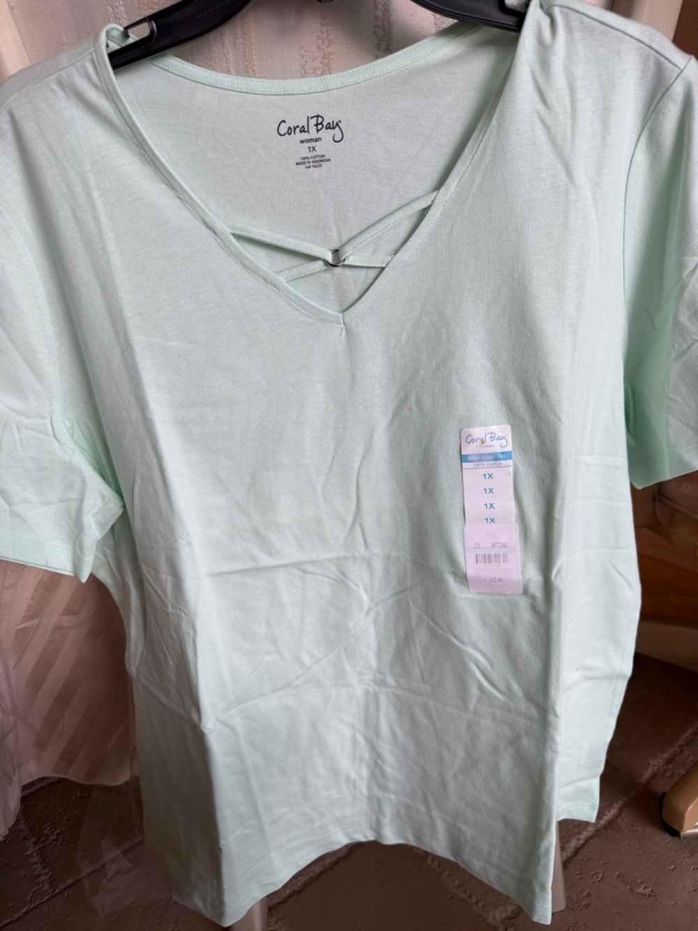 Coral Bay Mint V-Neck Short Sleeve Tee with Crisscross Detail